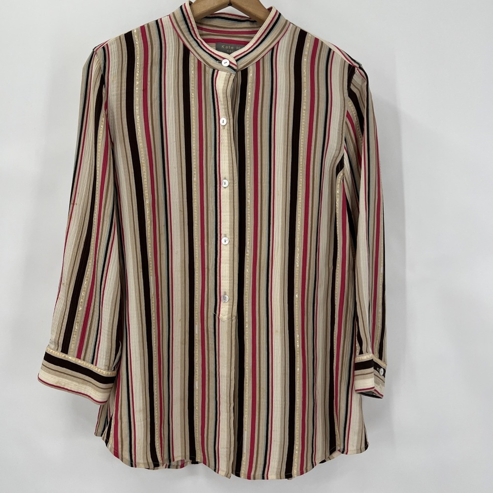 Kate Hill 100% Silk Button Shirt Top Women 10 Pink Tan‎ Stripe Sequins Party